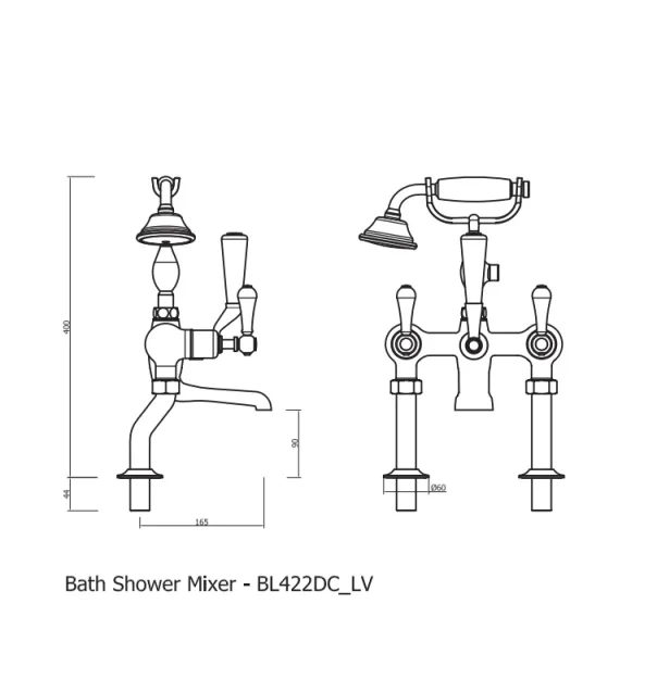 Crosswater Belgravia Floor Standing Lever Bath Shower Mixer technical drawing - Image 2