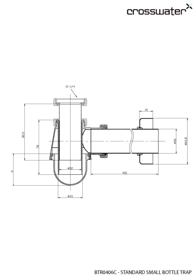 Crosswater Bottle Trap Shallow Seal 400mm Pipe Chrome technical drawing - Image 3
