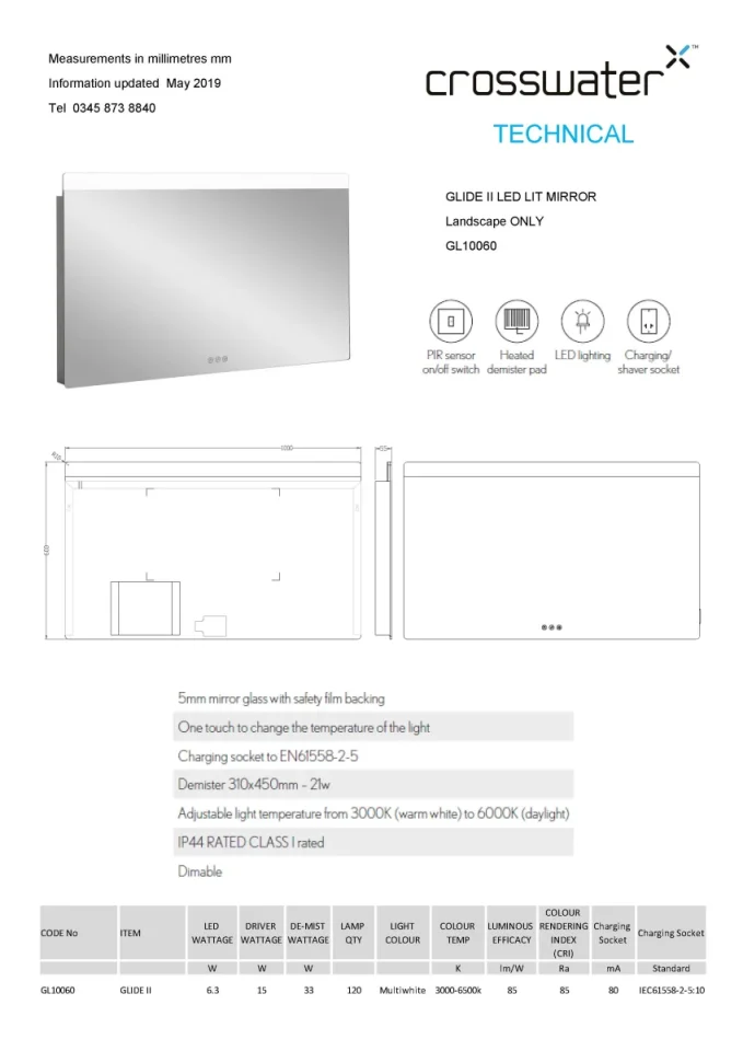 Crosswater Glide Ii Illuminated Mirror 1000x600 technical drawing - Image 3