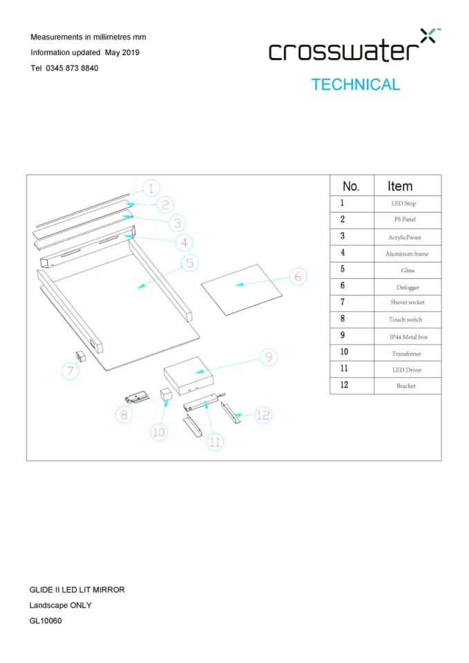 Crosswater Glide Ii Illuminated Mirror 1000x600 technical drawing - Image 4