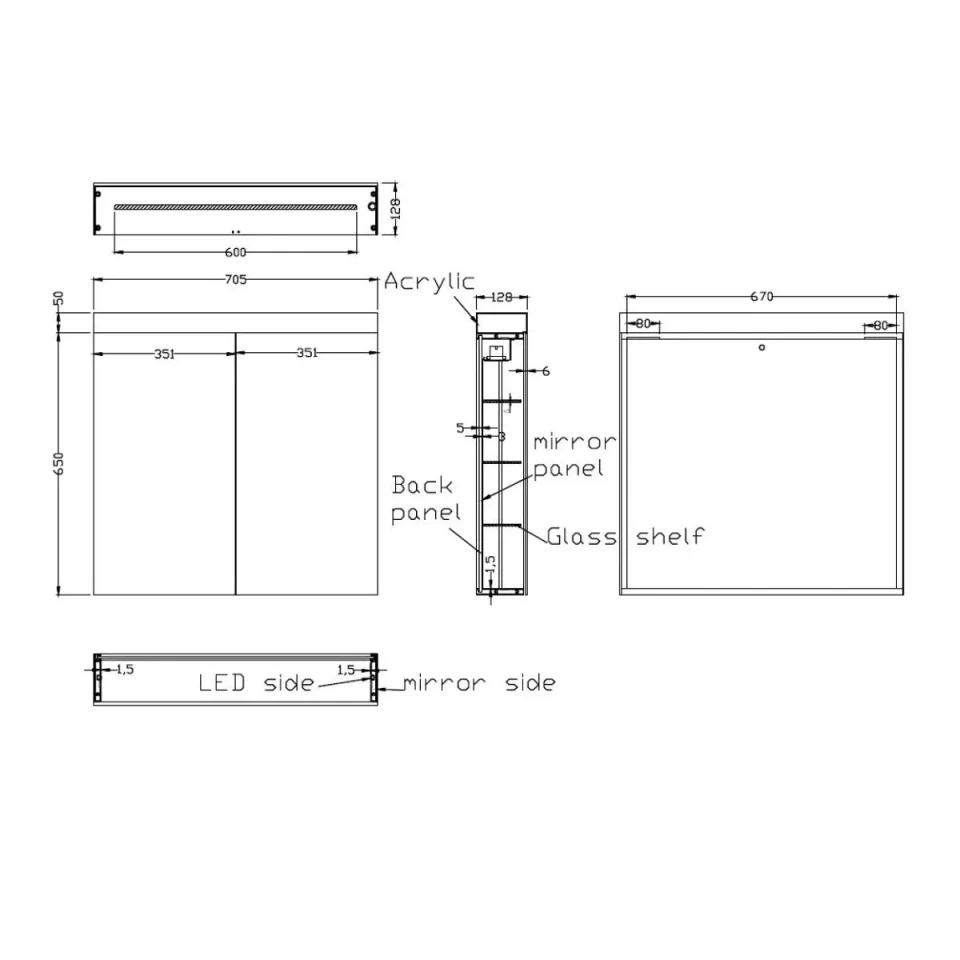 Crosswater Image Illuminated Cabinet 2 Door 700x700 technical drawing - Image 4