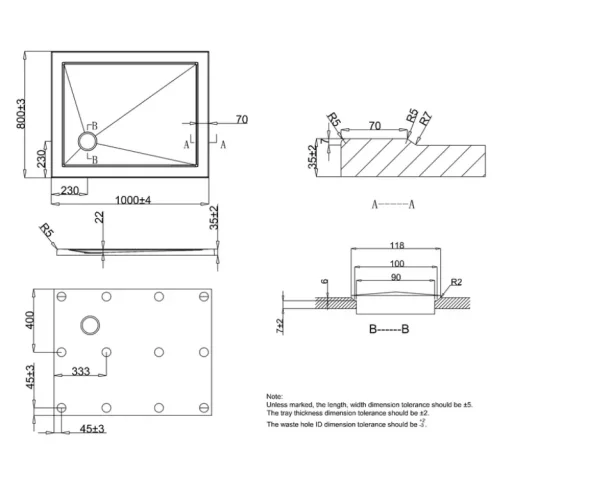 Crosswater Rectangular Shower Tray 800x1000 technical drawing - Image 2