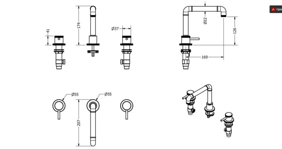 Crosswater MPRO Industrial 3 Hole Deck Mounted Basin Tap Set Chrome technical drawing - Image 2