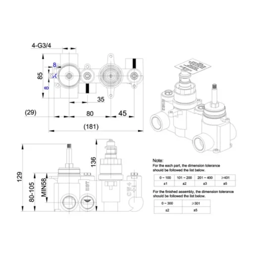 Crosswater 2 Way Diverter Valve Body With No Collars detail view - Image 3
