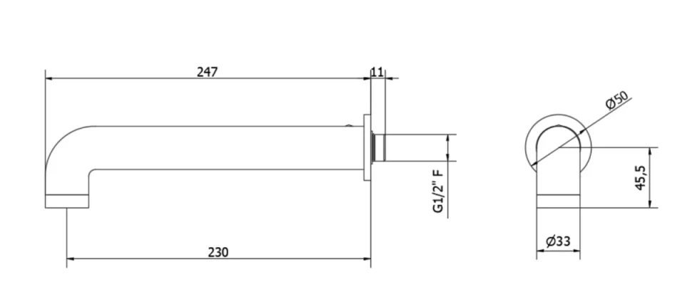 Crosswater Union Bath Spout 247mm Brushed Black Chrome technical drawing - Image 2