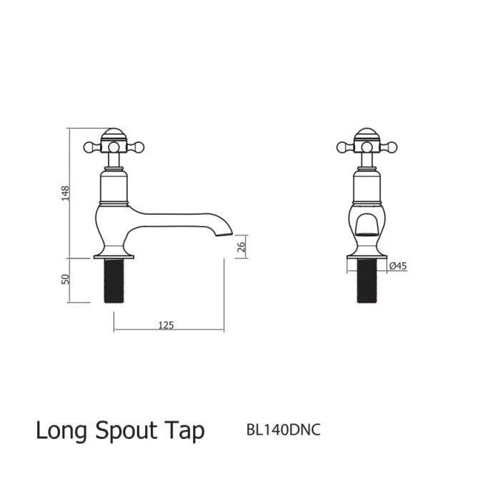 Crosswater Belgravia Crosshead Long Nose Basin Tap No Waste Deck Mounted Chrome technical drawing - Image 2