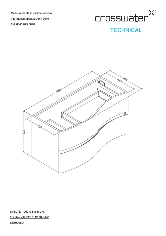 Crosswater Svelte S Basin Unit 1000 American Walnut technical drawing - Image 2