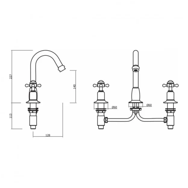 Crosswater Belgravia Crosshead 3 Tap Hole Basin Tall Mixer With Waste Deck Mounted Chrome technical drawing - Image 3