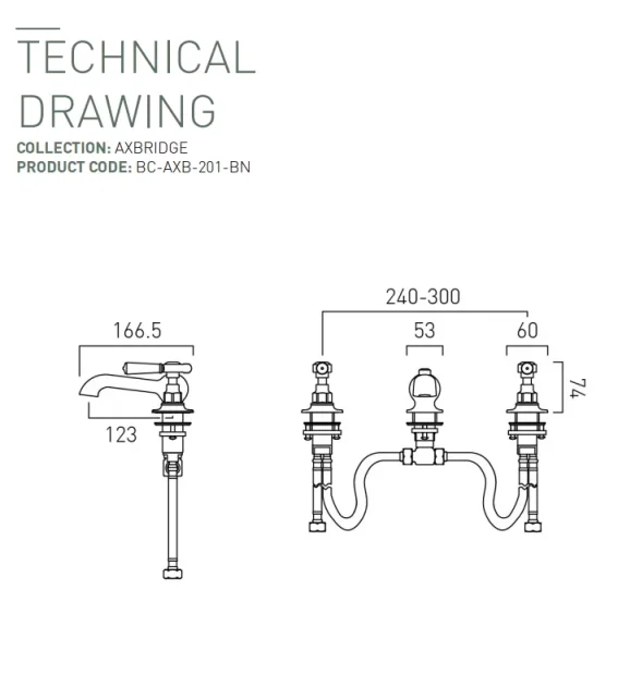 Booth & Co. 3 Hole Basin Mixer With Pop-up Waste Bright Nickel & Crackled White technical drawing - Image 2