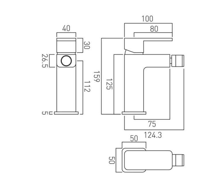 Vado Phase Mono Bidet Mixer Single Lever Deck Mounted With Pop-up Waste Chrome technical drawing - Image 2