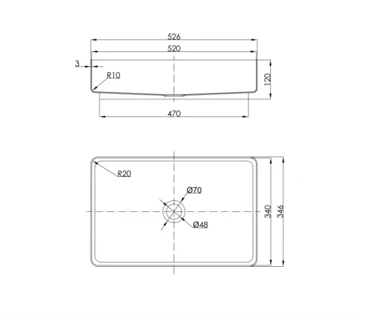 Just Taps Vos Brushed Brass Grade 316 Stainless Steel Counter Top Basin technical drawing - Image 3