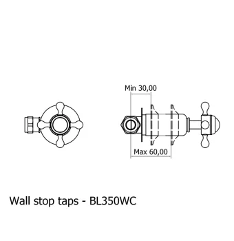 Crosswater Belgravia Crosshead Wall Stop Taps Chrome technical drawing - Image 3