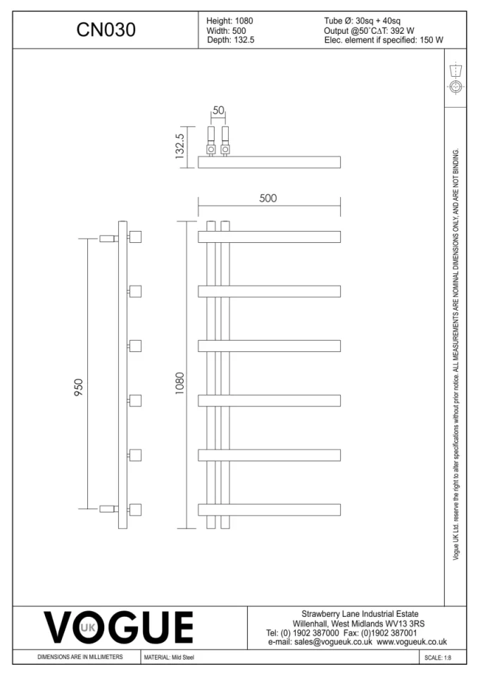 Vogue Keys II Towel Radiator Heating Only - Chrome 1080X500 technical drawing - Image 2