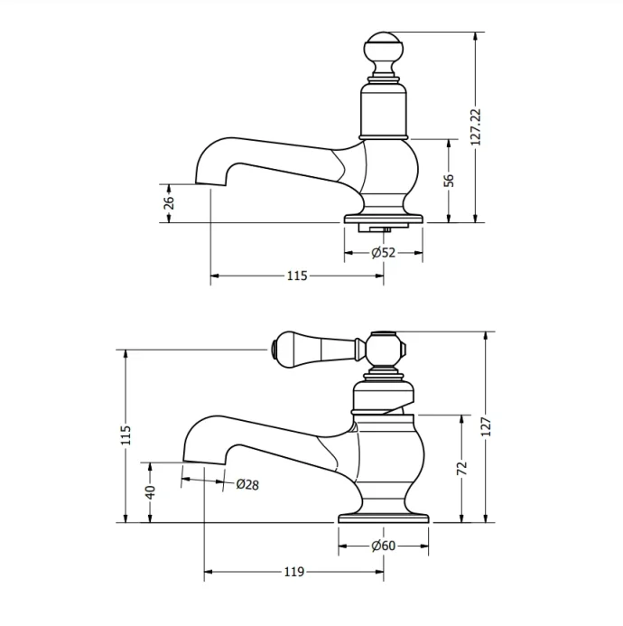 Crosswater Belgravia Single Lever Basin Mini Mono Deck Mounted Chrome White Lever technical drawing - Image 2