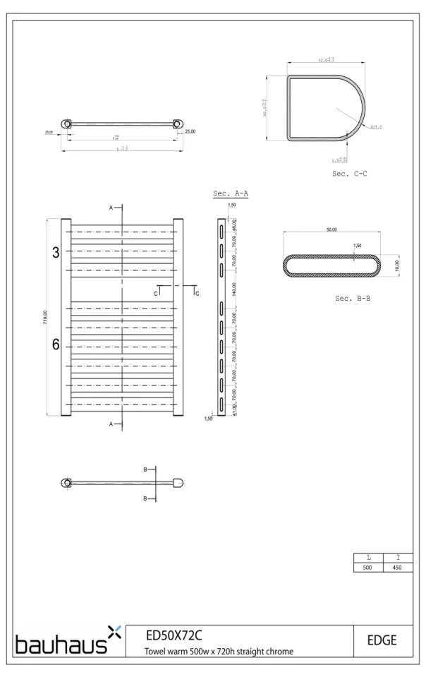 Crosswater Edge Towel Warmer 500w X 720h Straight Anthracite technical drawing - Image 2