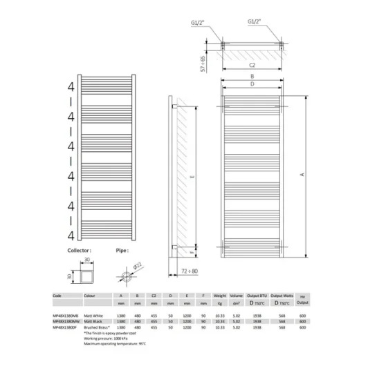 Crosswater Mpro Towel Warmer 480x1380 Matt White detail view - Image 5