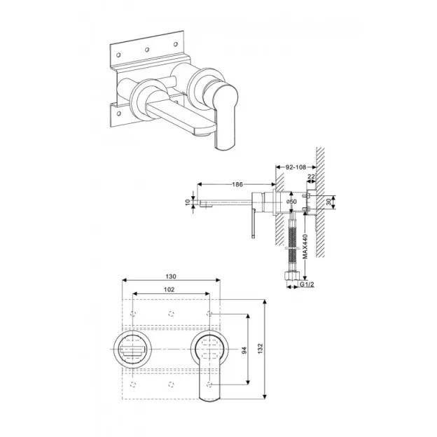 Crosswater Wisp Basin 2 Hole Set Wall Mounted Chrome technical drawing - Image 3
