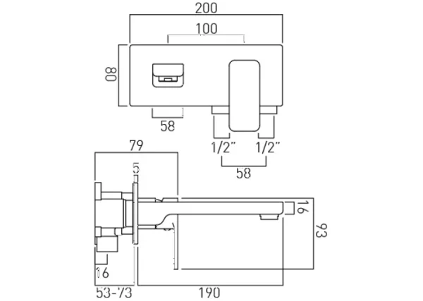 Vado Phase 2 Hole Basin Mixer Single Lever Wall Mounted With Rectangular Back Plate Chrome technical drawing - Image 2