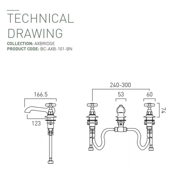 Booth & Co. 3 Hole Basin Mixer With Pop-up Waste Bright Nickel & Crackled White technical drawing - Image 2