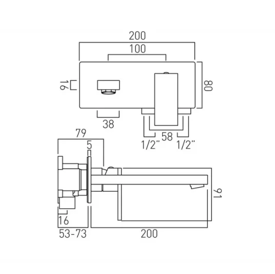Vado Notion 2 Hole Basin Mixer Single Lever Wall Mounted With Rectangular Back Plate And Honeycomb Flow Regulator Chrome technical drawing - Image 2