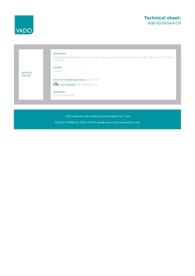 Vado Aquablade 300mm (10") Square Easy Clean Slimline Shower Head With Arm Chrome detail view - Image 2