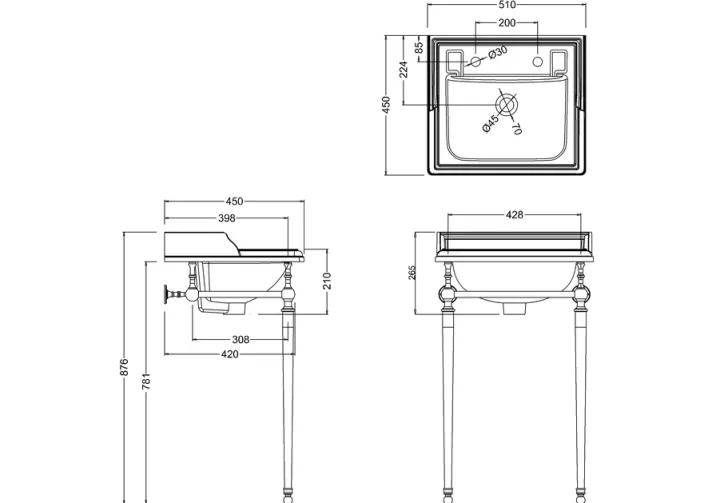 Burlington Classic Basin 50cm 2th technical drawing - Image 2
