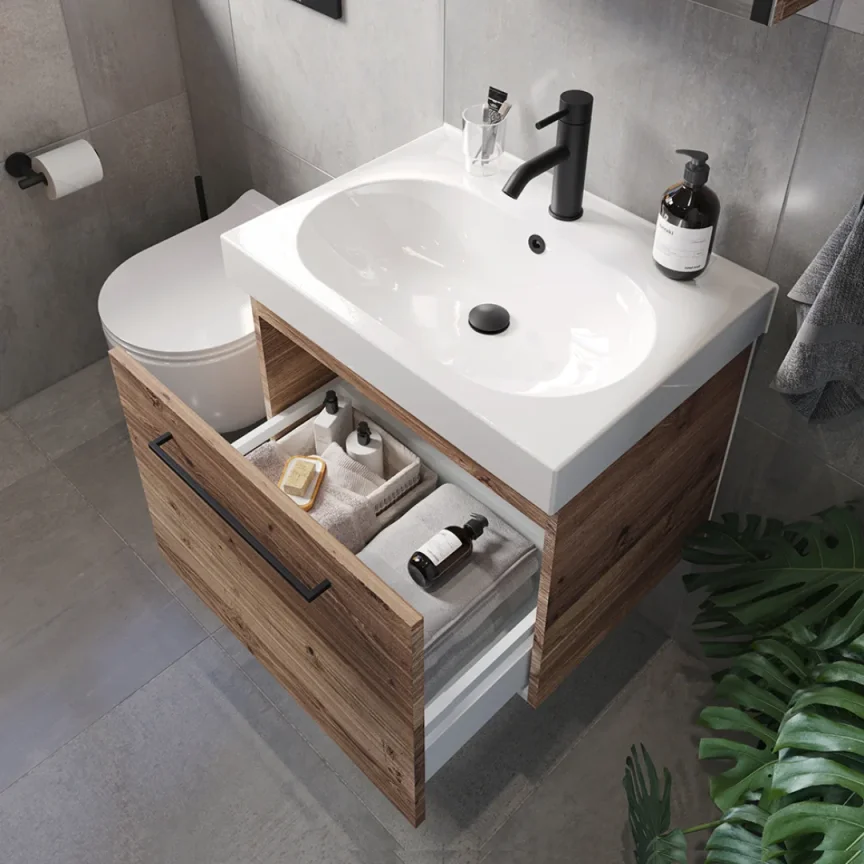 Saneux Austen 60cm 1 Drawer Wall Mounted Unit - English Oak detail view - Image 4