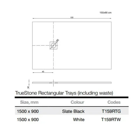 Merlyn Truestone Rectangle Tray Graphite Slate Black 1500 X 900mm technical drawing - Image 3