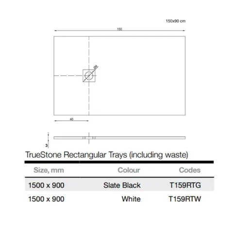 Merlyn Truestone Rectangle Tray Graphite Slate Black 1500 X 900mm technical drawing - Image 5