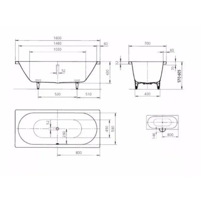 Kaldewei Classic Duo 1600 X 700mm No Tap Hole Bath (excl. Feet) technical drawing - Image 6