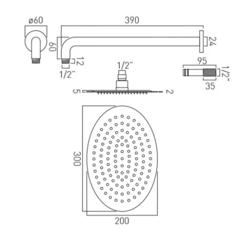 Vado Aquablade 200mm X 300mm (8" X 12") Oval Easy Clean Slimline Shower Head With Arm Chrome technical drawing - Image 3