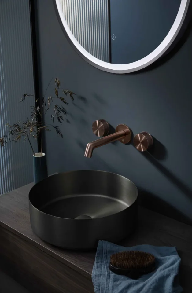 Just Taps Evo 3 Hole Wall Mounted Basin Mixer Tap Brushed Bronze 200mm Spout detail view - Image 3