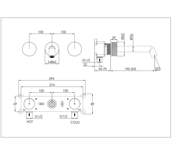 Just Taps Evo 3 Hole Wall Mounted Basin Mixer Tap Brushed Bronze 200mm Spout technical drawing - Image 4