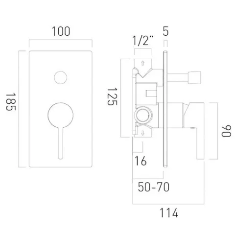 Vado Individual Edit 2 Outlet Concealed Single Lever Manual Valve With Diverter Brushed Black technical drawing - Image 2