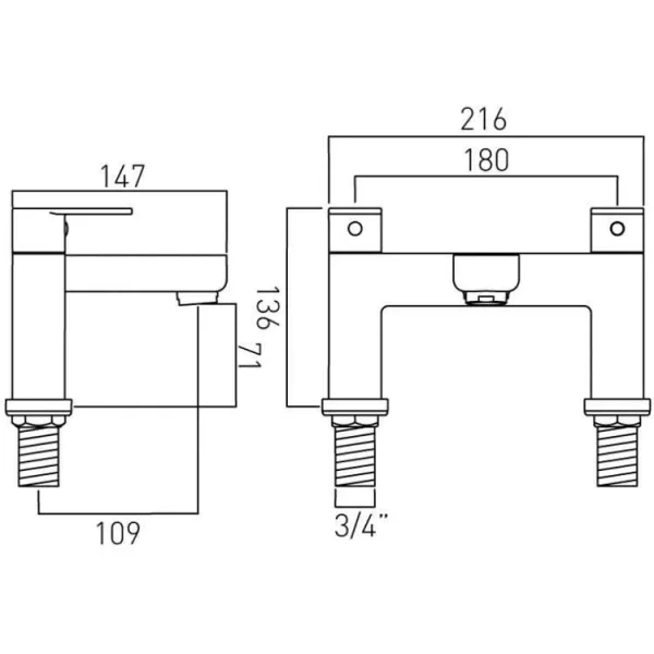 Vado Phase 2 Hole Bath Filler Deck Mounted Chrome technical drawing - Image 3