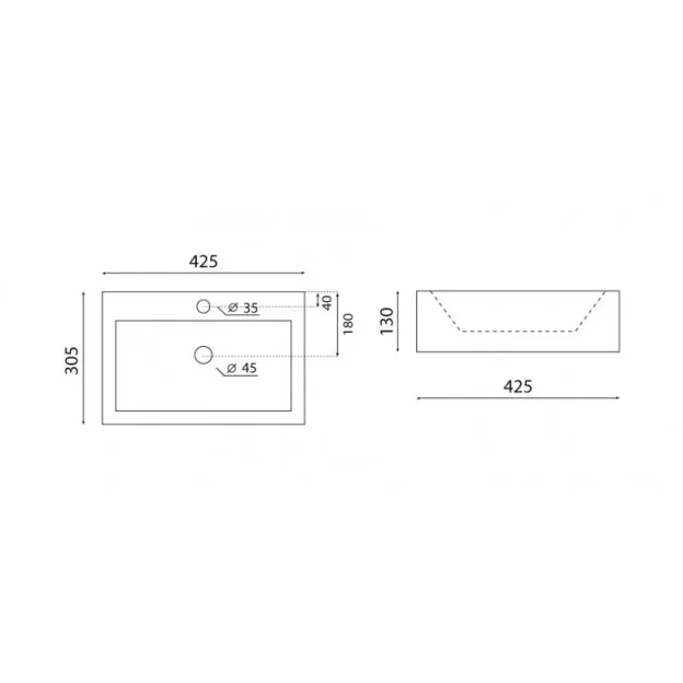 Crosswater Gerona Counter Basin 425 No Overflow White technical drawing - Image 3