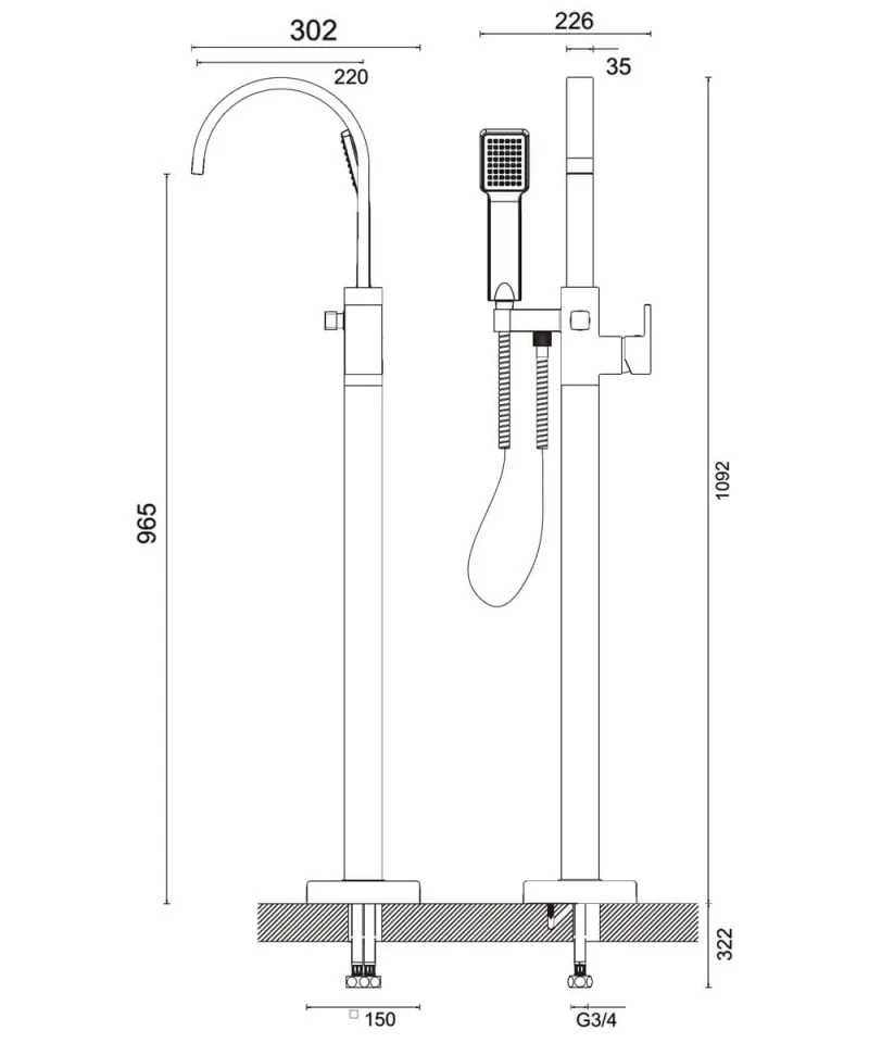 Crosswater Planet Bath Shower Mixer with Kit Floor Standing Chrome technical drawing - Image 2