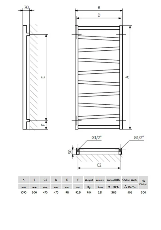 Crosswater Wedge Towel Warmer 1096x500 Soft White Matt technical drawing - Image 2