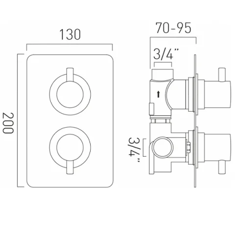 Vado Dx Celsius 1 Outlet 2 Handle Concealed Thermostatic Valve Soft Square Backplate Chrome technical drawing - Image 2