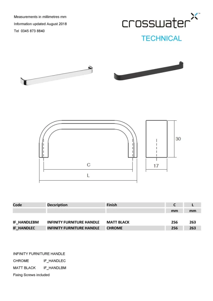 Crosswater Furniture Handle Chrome technical drawing - Image 2