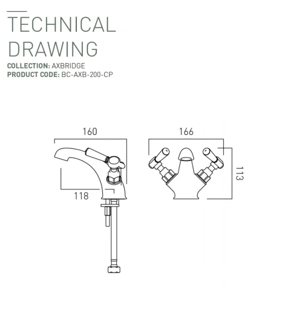 Booth & Co. Mono Basin Mixer With Pop-up Waste Chrome & White technical drawing - Image 2