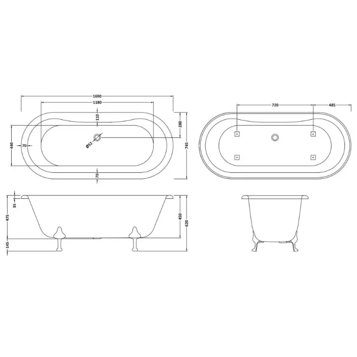 Bc Designs Elmstead 1700 Bath With Feet Set 1 White detail view - Image 3