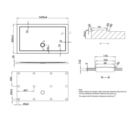 Crosswater Rectangular Shower Tray 800x1400 technical drawing - Image 2
