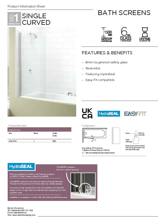 Merlyn Single Curved Bathscreen 800 X 1500mm technical drawing - Image 3