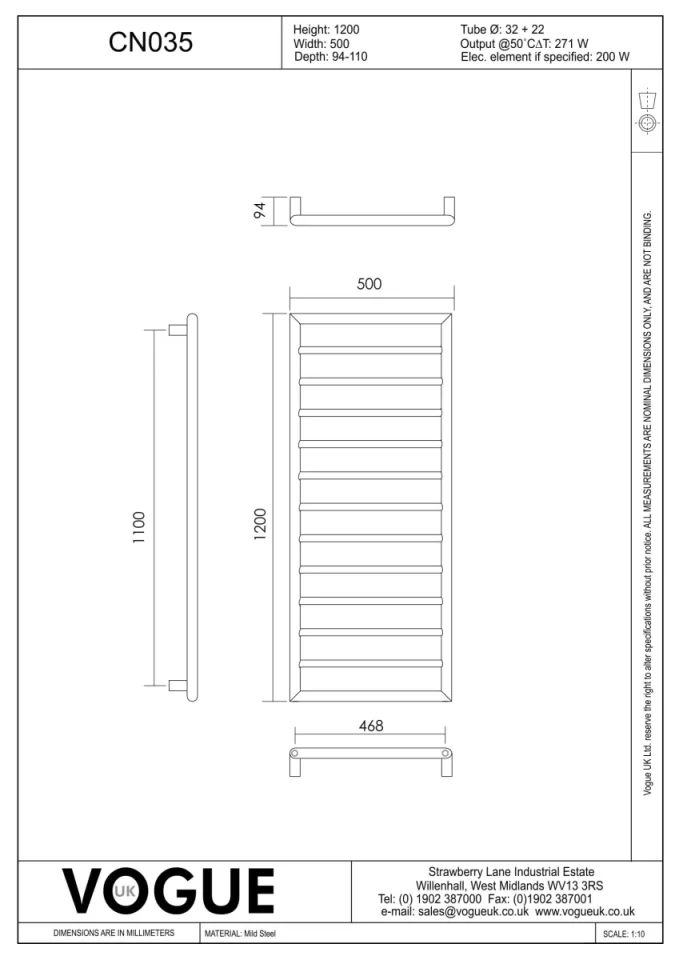 Vogue Smooth Towel Radiator Heating Only - Chrome 1200X500 technical drawing - Image 3
