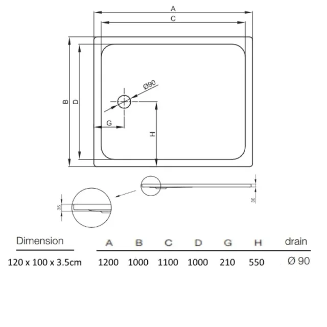 Bette Ultra 1200 1000 35mm White technical drawing - Image 2