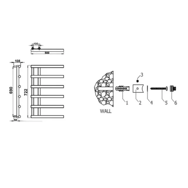 Reina Matera Designer Radiator - 722 X 500 Chrome technical drawing - Image 2