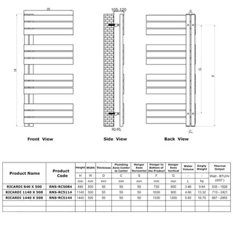 Reina Ricadi 500 X 840 Stainless Steel Towel Radiator technical drawing - Image 2