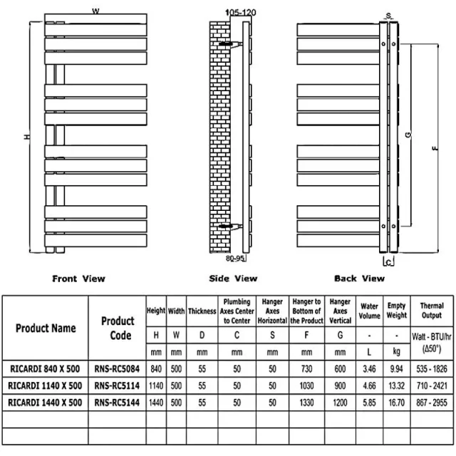 Reina Ricadi 500 X 840 Stainless Steel Towel Radiator technical drawing - Image 3
