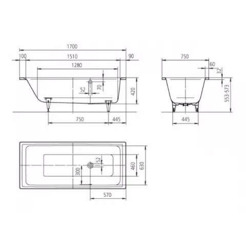 Kaldewei Puro 1700 X 750mm With Side Overflow (excl. Feet) technical drawing - Image 3